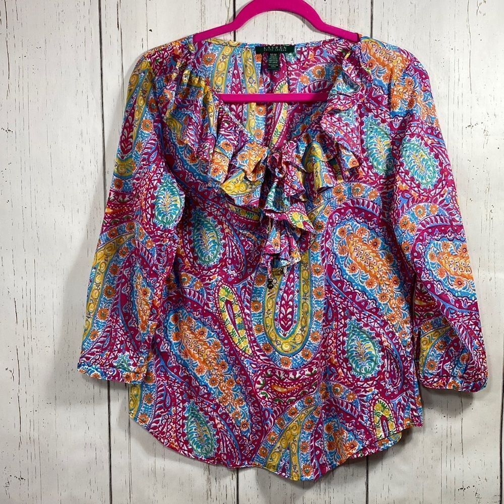 Lauren Ralph Lauren Paisley Boho Peasant Blouse Ruffle Tie Neck M Cottagecore